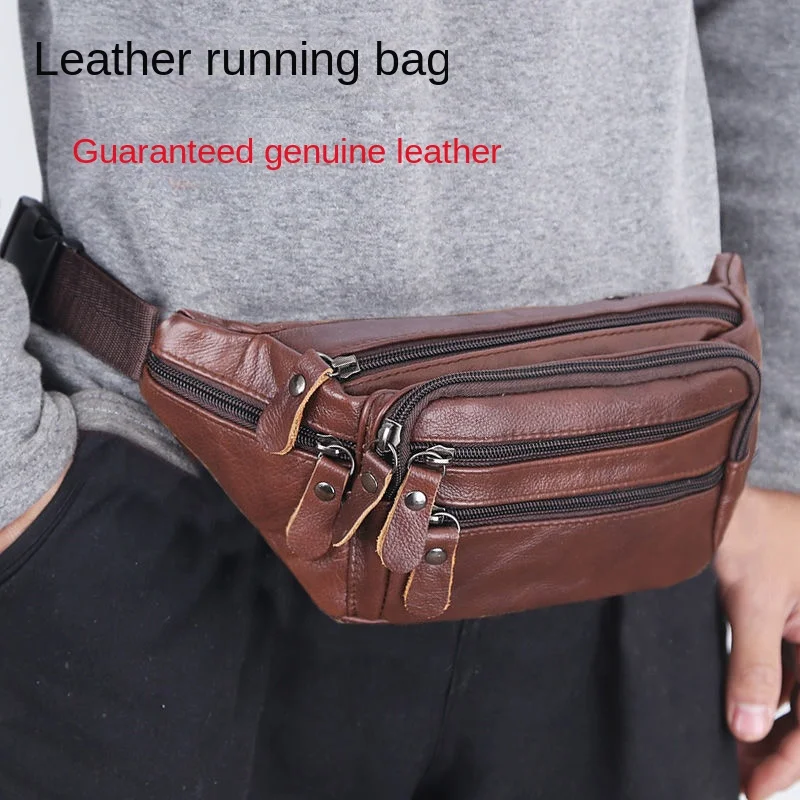 Real Genuine Leather Men's Waist Bag Cowhide Male Zipper Fanny Pack for Site Workers Travel Phone Bag Large Capacity Waterproof