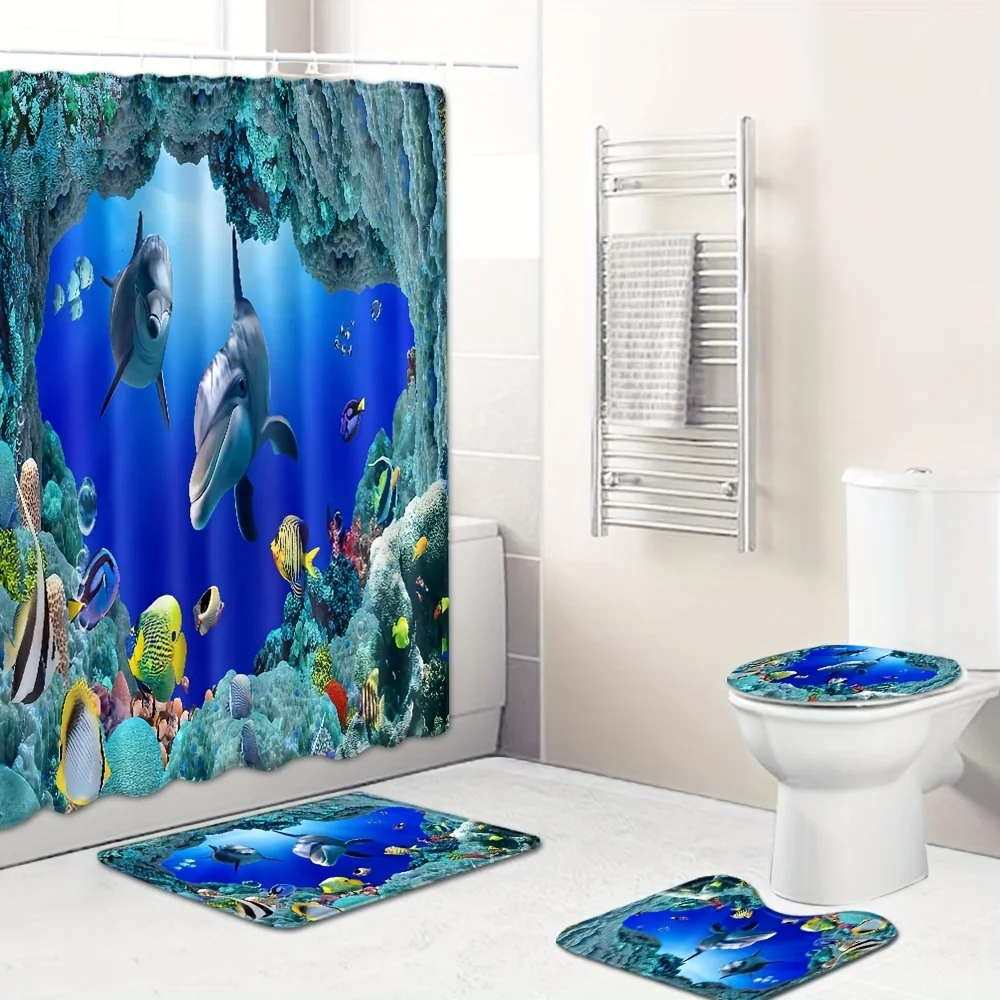 

The Ocean Dolphins Waterproof Shower Curtain And Blanket, Modern Home Bathroom Decor Toilet Cover With 12 Shower Curtain Hooks