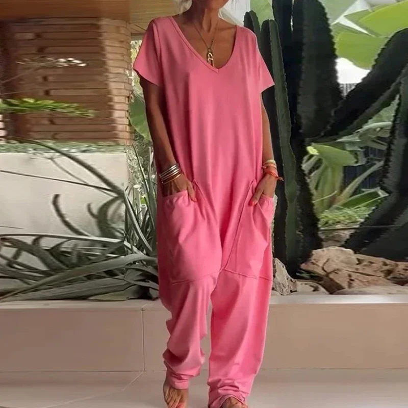 Женский комбинированный комбинезон из хлопка элегантный однотонный с короткими