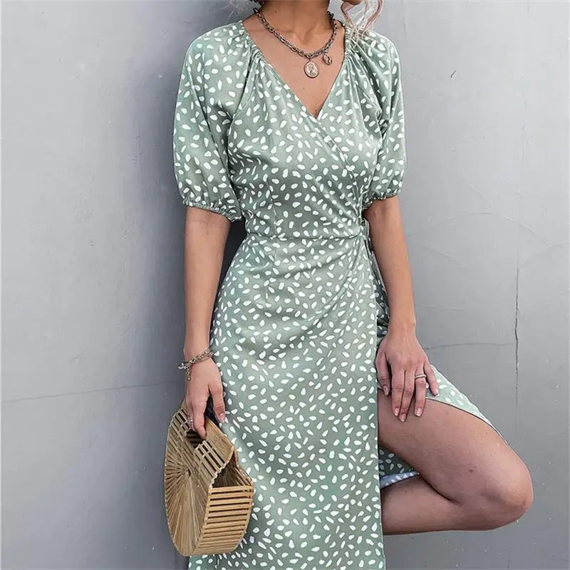 

Women Summer Elegant Casual Loose V-Neck Side Wrap Dress Ladies Polka Dot Puff Sleeve Boho Fashion Drawstring A-Line Split Dress