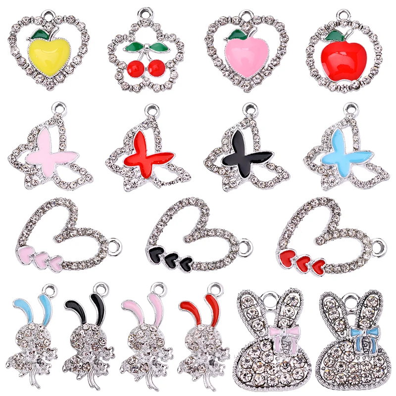 

10Pcs Luxury Butterfly Rabbit Love Heart Rhinestone Enamel Silver Plated Pendant Charm for Jewelry Making DIY Bracelet Necklace