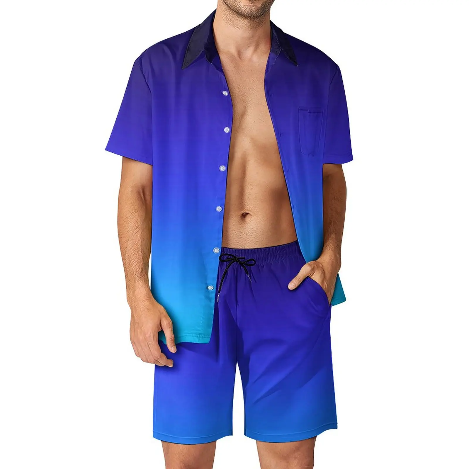 

Ombre Pattern Men Sets Black Indigo To Aqua Blue Casual Shorts Summer Retro Beach Shirt Set Short Sleeve Custom Plus Size Suit