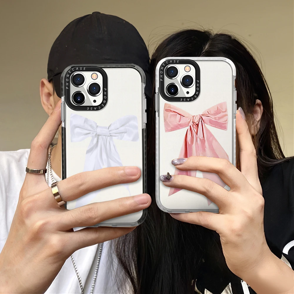 

White Pink Bow Phone Case for iPhone 14ProMax 14Plus 13 12 11 Pro Max Luxury Transparent Protection Shell Soft Cover Coque
