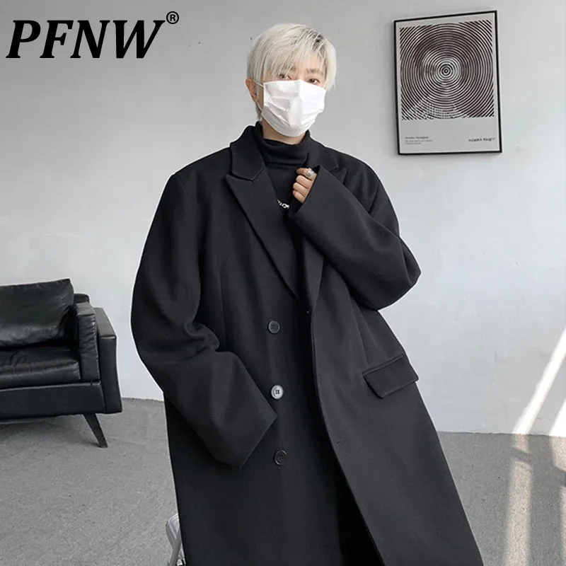 PFNW корейское трендовое шерстяное пальто цвета хаки средней длины мужское