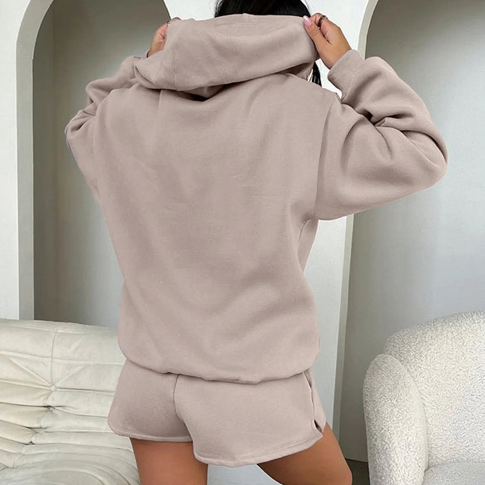 

Women 2 Piece Lounge Sweatsuits Casual Drop Shoulder Hoodie & Shorts Sets Comfy Solid Color Simple Spring Fall Sweatsuits