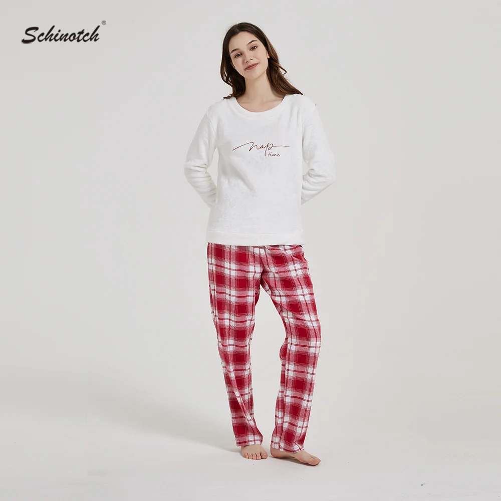 Women Pajamas Set Autumn Winter Warm Coral Fleece Top and Plaid Cotton Brushed Pants Nightwear Loungewear Ladies Sleeping Pants