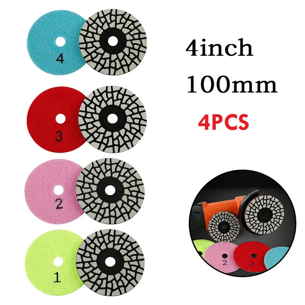 

4pcs Diamond Dry Polishing Pads 4 Inch 4 Steps For Granite Marble Quartz Stone Grit 1/2/3/4 Durable Power Tools Accessories