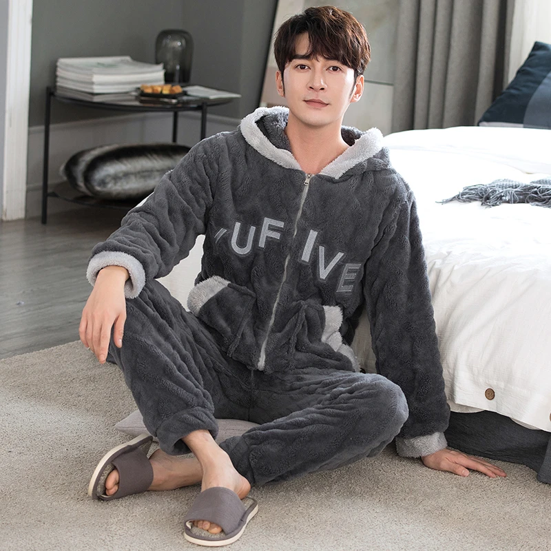 

QUHENG Newest Men Winter Thicken Warm Flannel Pajamas Sets Male Long Sleeve Plus Size Pajamas Sleepwear Homewear Casual Pijama