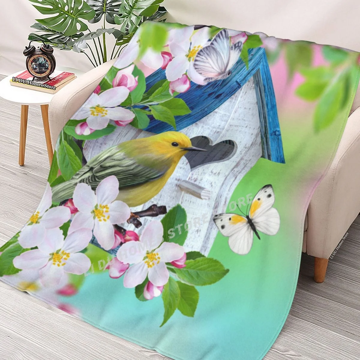 

Bird Titmouse Sits On A Branch Of A Blossoming Apple Tree Throw Blanket flannel Collage Blanket Bedding soft Cover Blankets