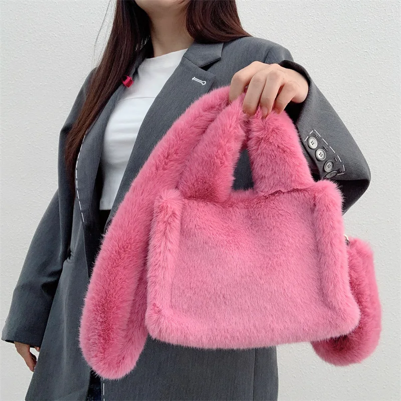 

Lovely Faux Fur Women's Shoulder Bag Solid Color Ladies Soft Plush Crossbody Bags Portable Female Purse Small Tote Handbags