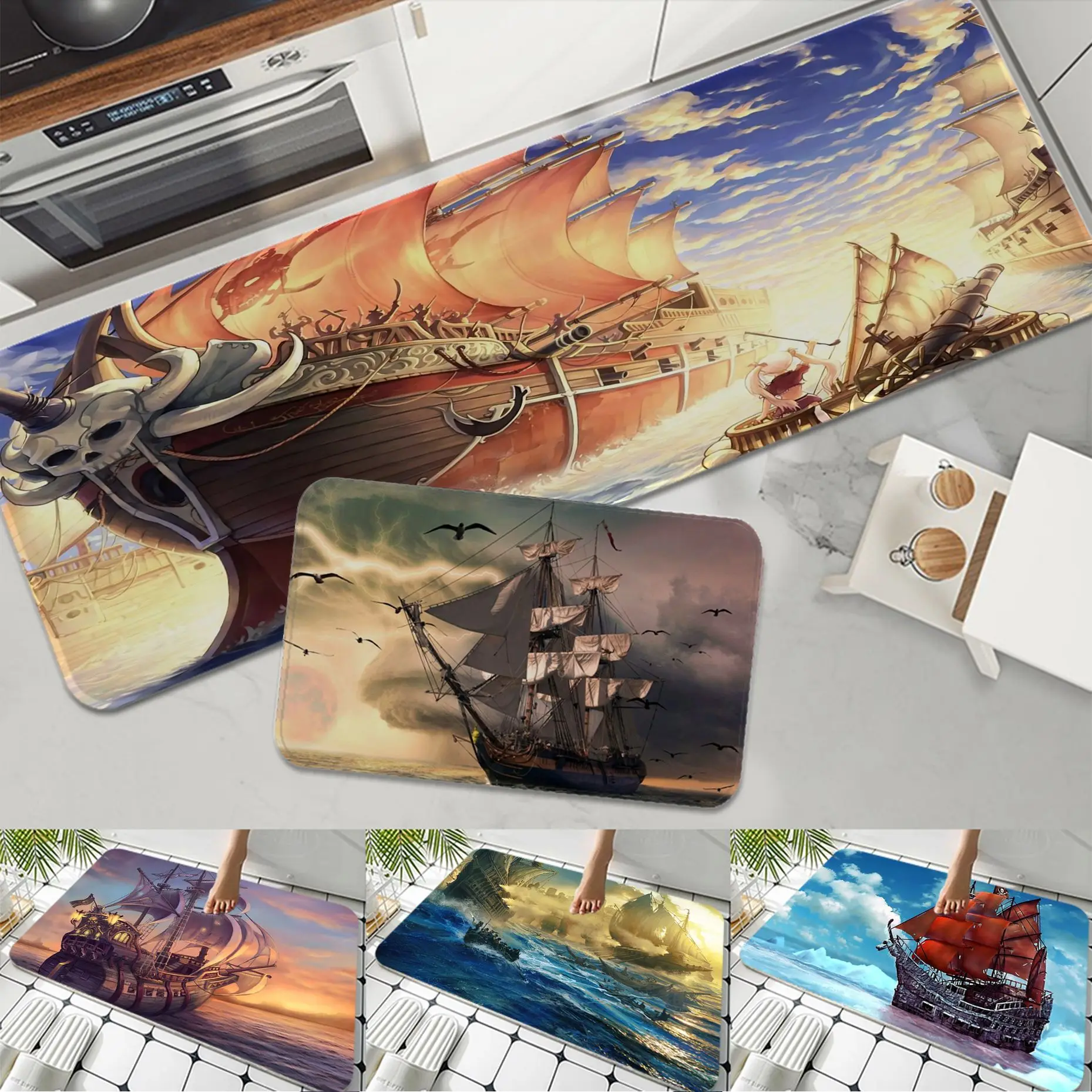 

Nautical Pirate Ship Floor Mat Anti-slip Absorb Water Long Strip Cushion Bedroon Mat Modern Home Decor
