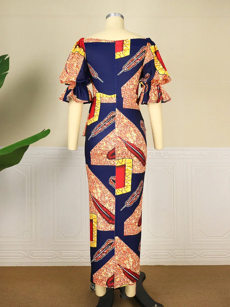 EOENKKY Plus Size Women's Spring and Summer 2022 New Fat MM One-word Collar Slim Sexy Printed Long-sleeved Dress Wholesale