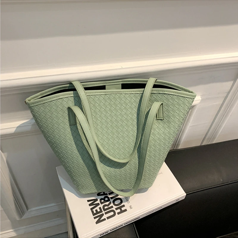 

Fashion Ladies Solid Color Woven PU Leather Shoulder Handbag Large Capacity Shopping Travel Cosmetics Mobile Phone Coin Purse