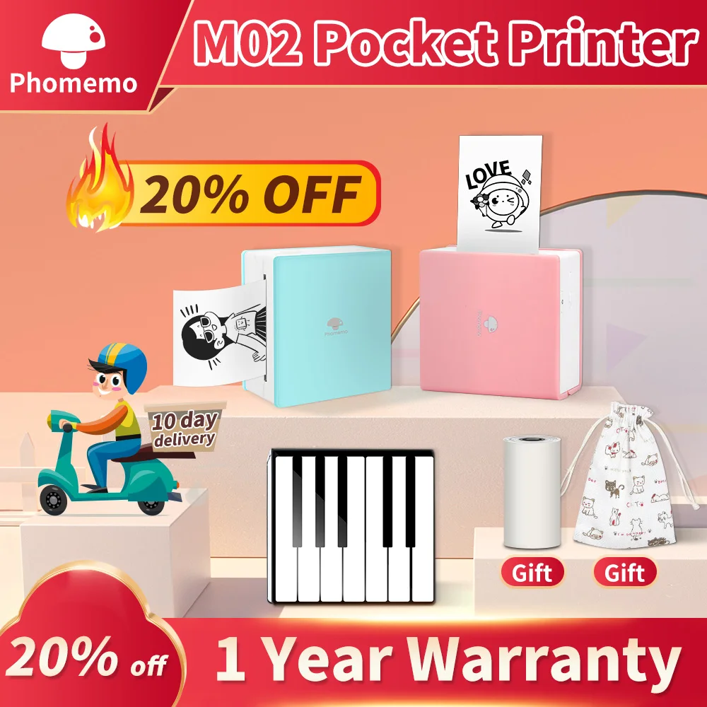 Phomemo M02 Mini Portable Thermal Printer Small Pocket Label Maker Sticker Wireless Connection Photo Printer Self-Adhesive Paper