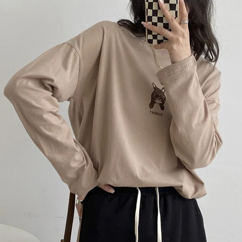 

Women Cartoon Print Oversize T-shirts 2022 Spring Autumn O-neck Long Sleeve Loose Cotton T-shirts Soft Casual Pullovers Tops