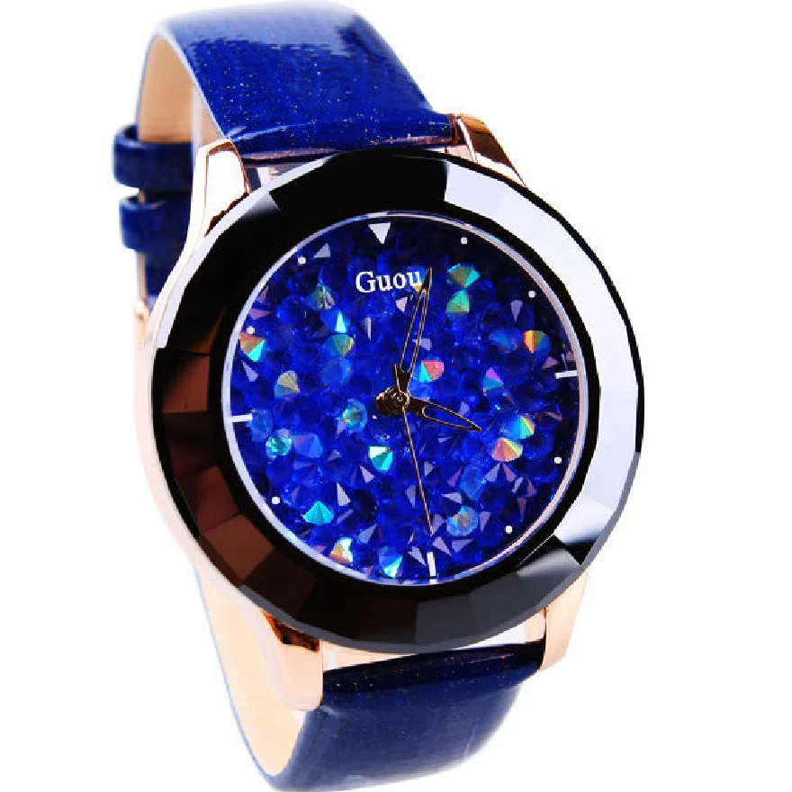 

Fashion Top Guou Brand Genuine Leather Strap Women Clocck Full Crystal Dress Watch Ladies Diamond Rhinestone Quartz WristWatches