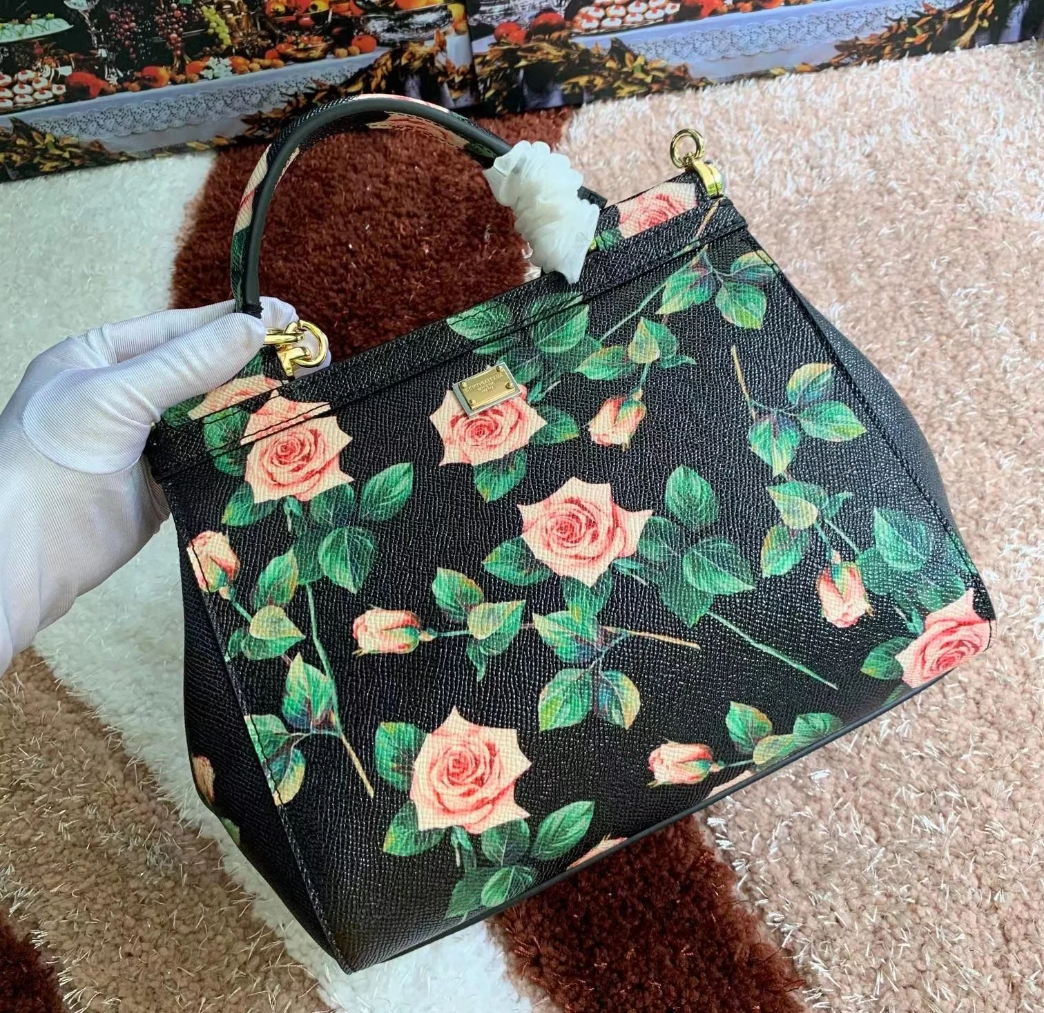 Luxury, fashionable, and casual women's top handle handbag with colorful patterns, designer brand women's leather crossbody bag