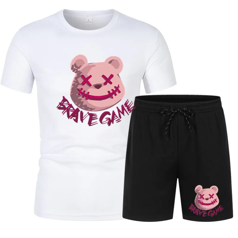 

Мужской спортивный костюм из 2 предметов, повседневная Однотонная футболка с коротким рукавом и шорты, спортивный костюм, дышащая мужская о...