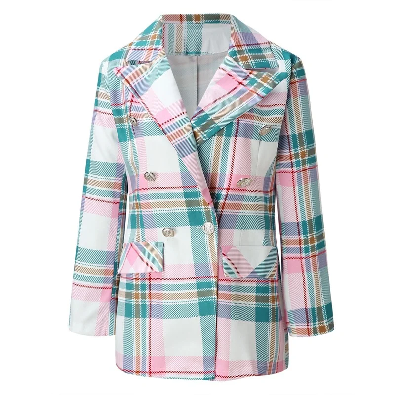 Fashion Pink Plaid and Striped Blazer Office Lady Lapel Double Breasted Business Commute Blazers Spring Autumn Elegant Chic Coat