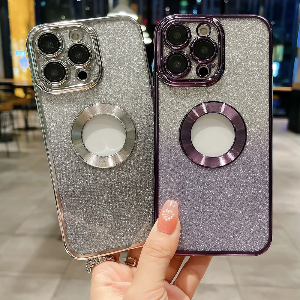 

Plating Edge TPU Case For iPhone 14 13 12 11 Pro XS Max XR X 8 7 Plus With Tempered Glass Lens Gradient Glitter Back Film Cover