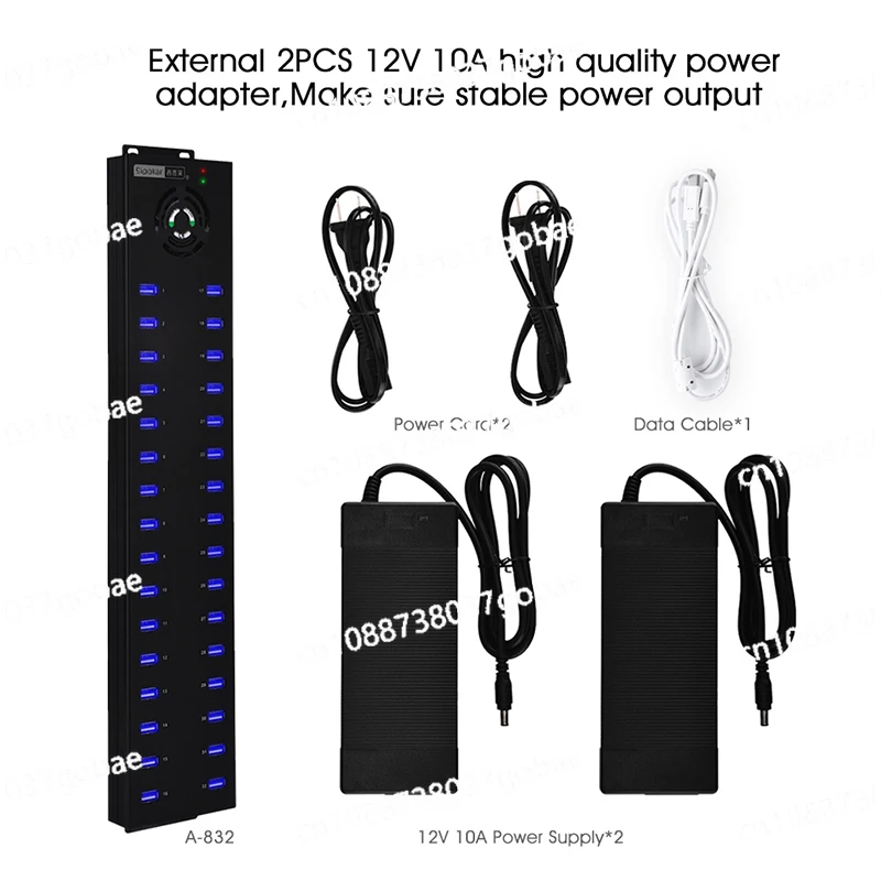 Фото Прочный промышленный USB-хаб на 32 порта (USB 2.0) с 30 портами для зарядки и синхронизации, в комплекте 2 адаптера питания 12В 10А для настольного использования, для телефонов A-832 №5