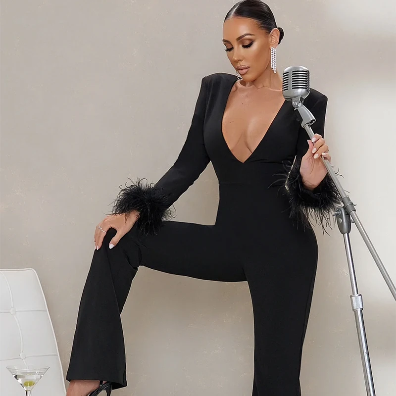 Factory Wholesale Women's Wear New Black FeatherV-Neck Sexy Tight Sexy Celebrity Party Bandage Jumpsuits
