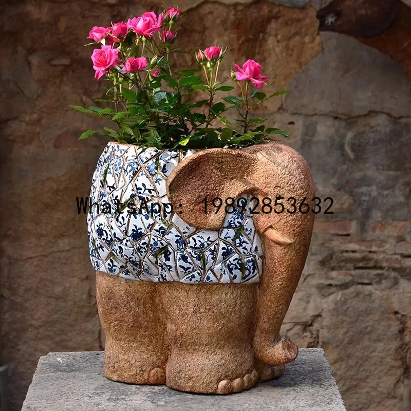 Фото Горшок для цветов HYS в форме слона, сине-белый, для декора двора, сада, виллы, двери, пола, для комнатных растений №3