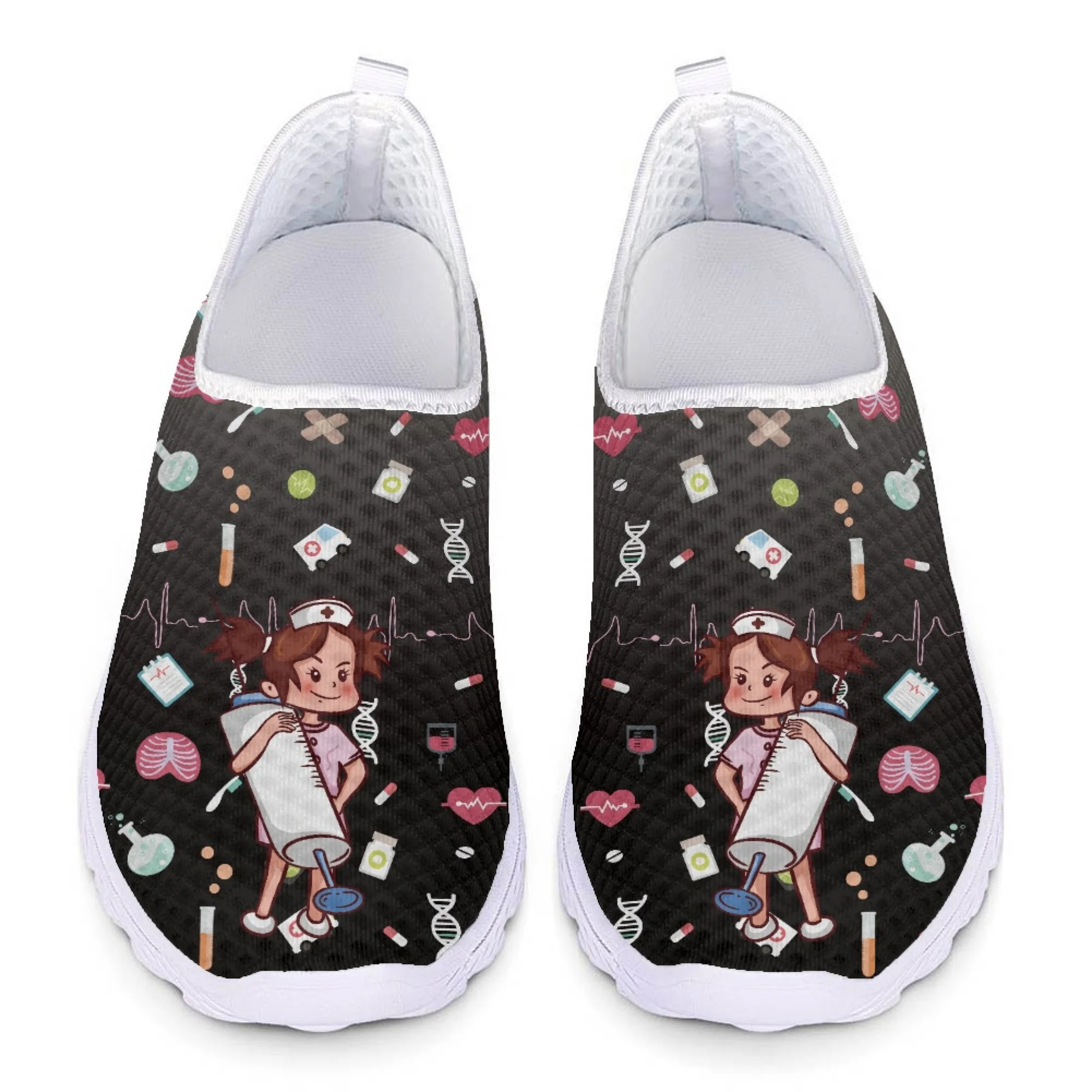 

Yikeluo New Cartoon Nurse Print Women Sneakers Slip On Lightweight Mesh Shoes Summer Breathable Flats Shoes Zapatos planos