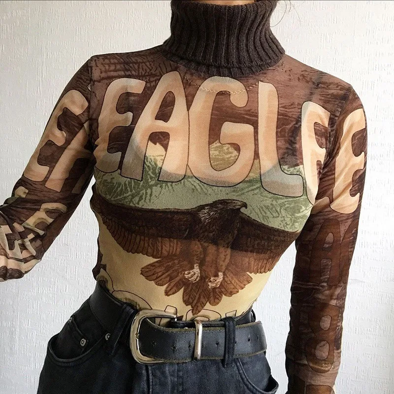 

Women's Sexy Letter Print Turtleneck Pullover Long Sleeve Mesh T-Shirt Fashion Brown Skinny Stretch See Through Goth Streetwear