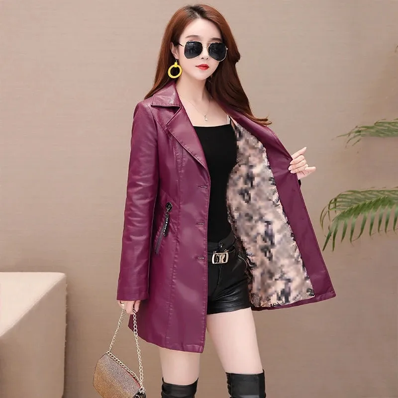 Autumn New Girl Leather Jacket Long Women's Leather Coat Slim Fashion Punk Female Motorcycle Clothing Faux Leather Blazer Spring