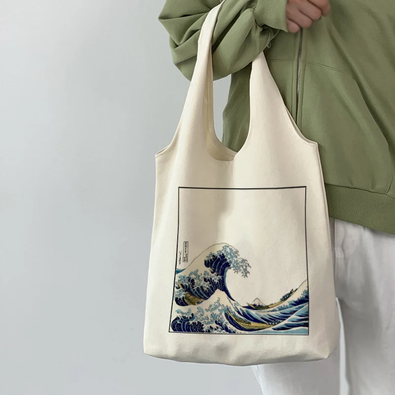 Сумка на плечо женская холщовая с японским принтом большая винтажная