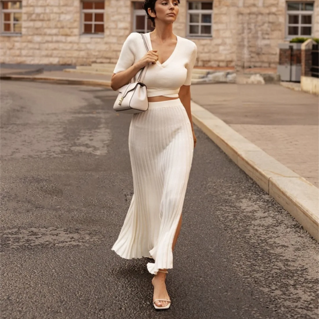

RDMQ 2023 Chic Knit Bandage Sweater Dresses Sets For Women Sexy Slim Crop Tops Pleated Skirts Matching 2 Pcs Sets Summer Outfits