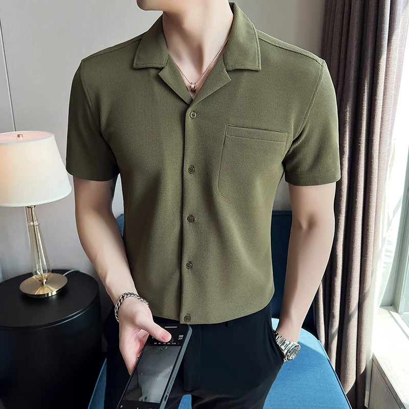 2022 Korean style Summer Men's Casual Short-Sleeved Shirts/Male Slim Fit V-Neck Lce Silk Casual Shirts Tops Plus Size 3XL