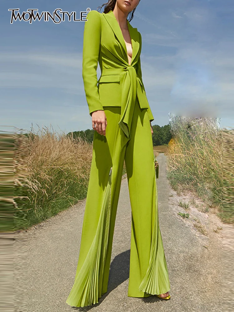 

TWOTWINSTYLE Solid Sets Female Notched Collar Patchwork Belted Top High Waist Pleated Wide Leg Pants Loose Two Piece Set Female