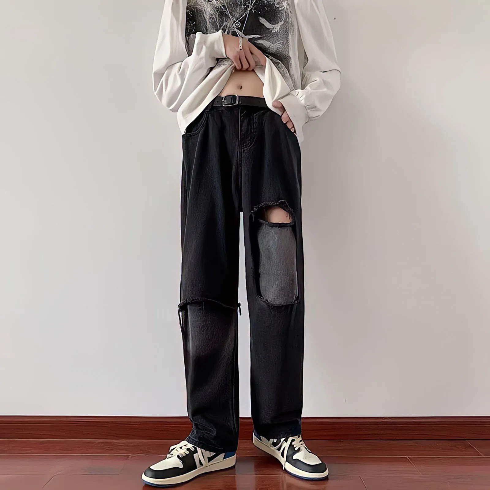 Black Ripped Jeans Men Korean Fashion Harajuku Style Baggy Straight Wide-Leg Pants Vintage High Street Hip Hop Denim Trousers