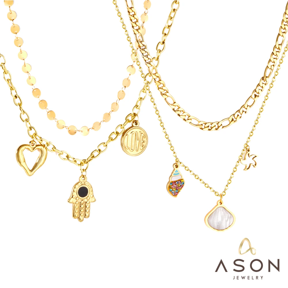 

ASONSTEEL New Trendy Multilayer Heart Plam Shell Pendant Necklace for Women Fashion Gold Color Chain Necklaces Jewelry Trending