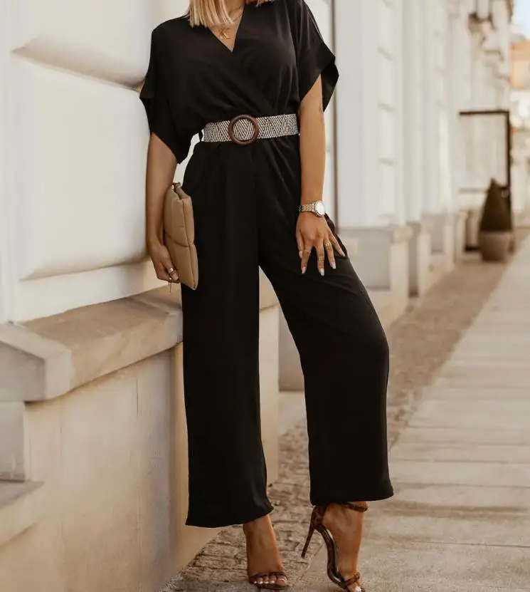 

Jumpsuit Women 2023 Summer New Casual Fashion V-Neck Bat Sleeve Elastic Waist Jumpsuit Pants with Belt Elegant Commuter Office