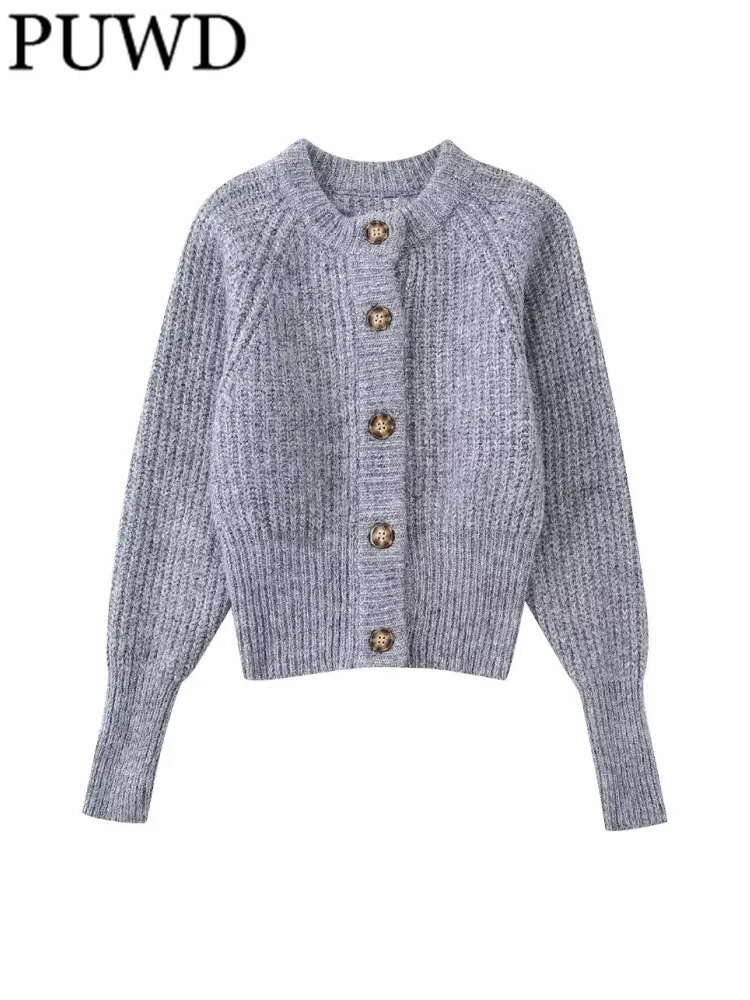 

PUWD Women O Neck Grey Rib Knit Cardigans 2022 Autumn Fashion Girls Casual Girls Solid Color Long Sleeves Sweaters