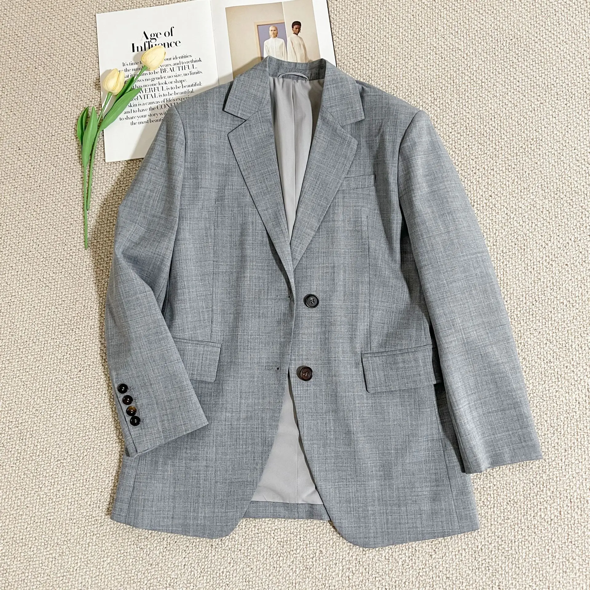 2024 легкий роскошный новый серый костюм с узором елочка шерстяной повседневный