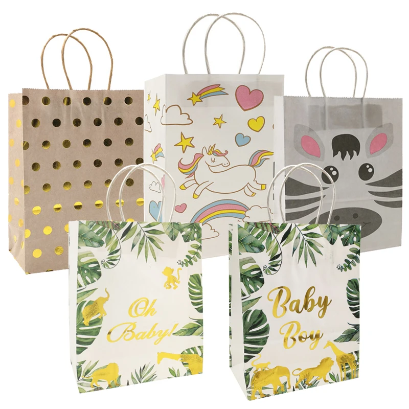 

5pcs Jungle Animal Dot Pattern Happy Birthday Party Candy Bags Kids Gift Cookie Packaging Bags Baby Shower Decorations
