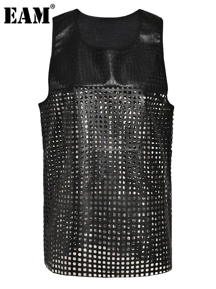 

[EAM] Women Black Hollow Out Perspective Tank Tops New Round Neck Sleeveless Personality Fashion Tide Spring Summer 2023 1DF9709