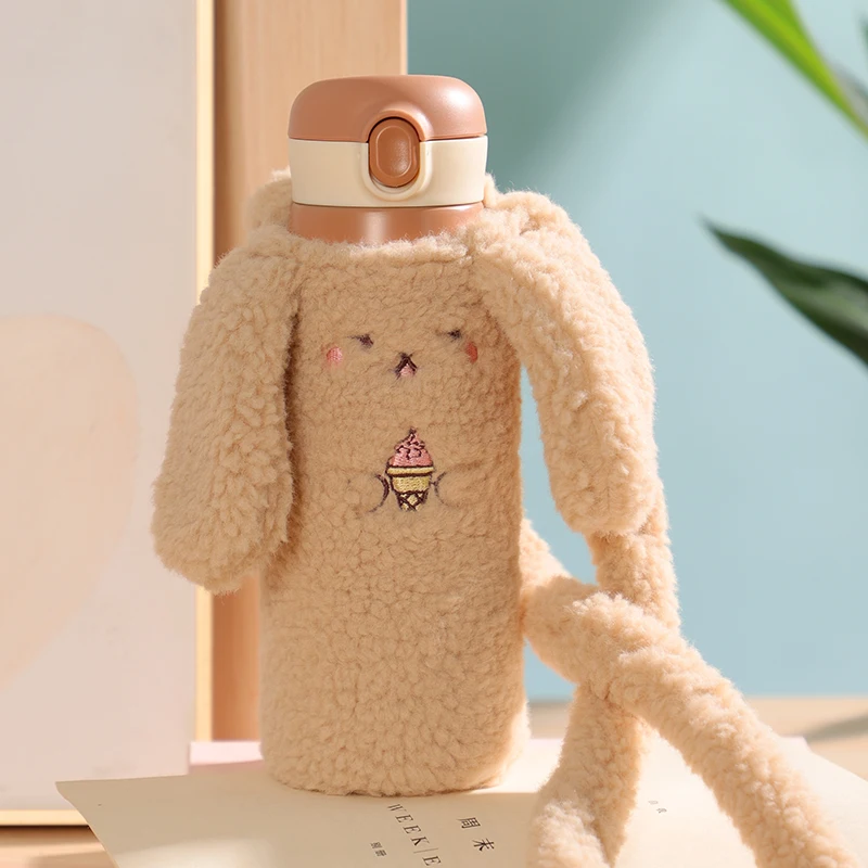 

Kawaii Bubble Milk Tea Thermos Bottle With Bear Duck Plush Cover Strap Insulated Stainless Steel Travel Water Vacuum Cup Gift