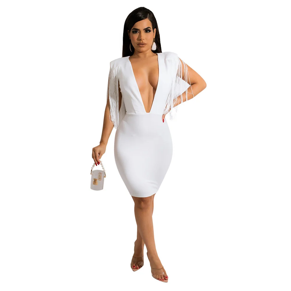 

Znaiml 2022 Sexy Dresses Tassel Mini Women Dress Clothing Female Outfit Club Bodycon Summer Deep V-neck Party Lace-upSlim Wear