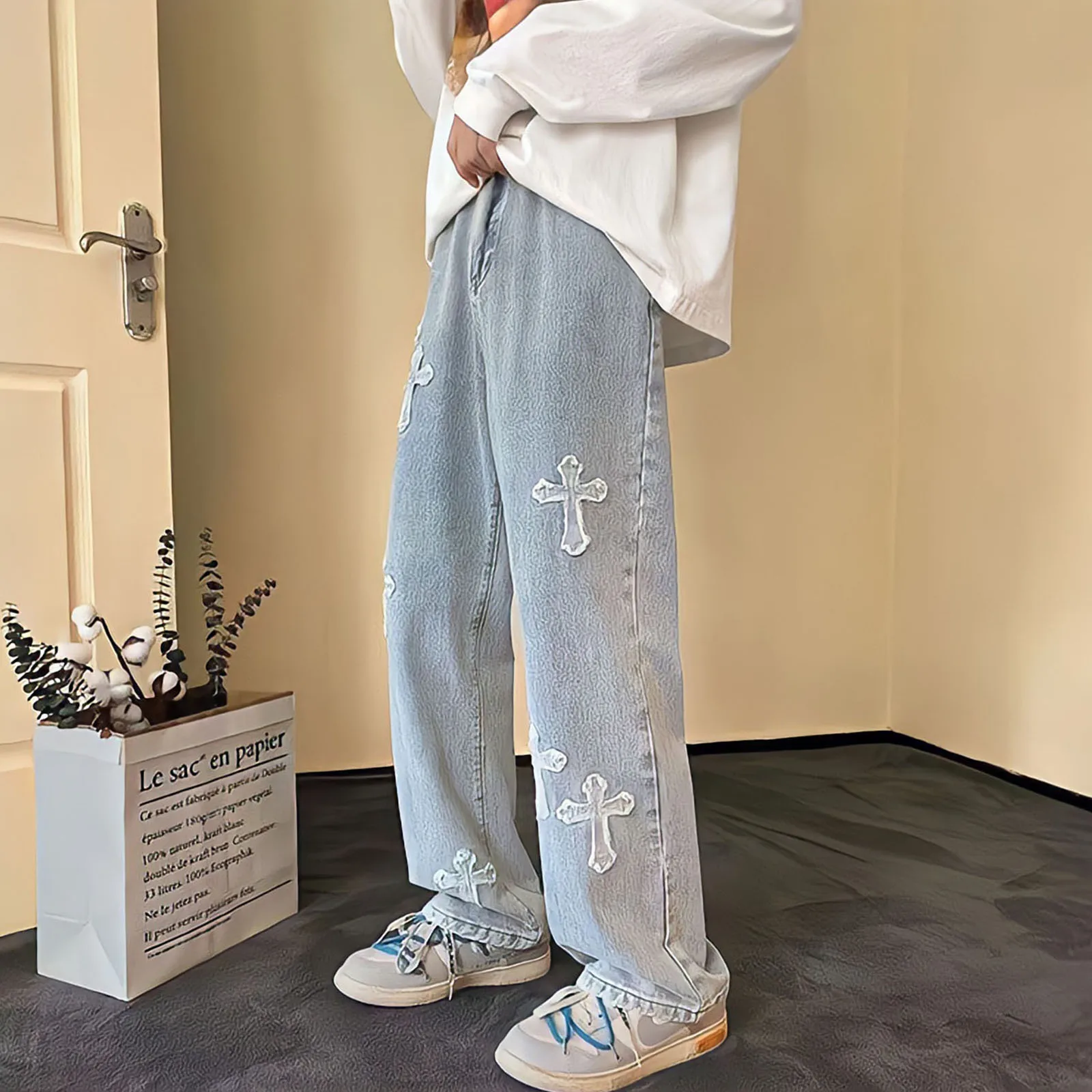 Embroidery Cross Jeans For Men Oversize Black Goth Pants Streetwear 90s Vintage Baggy Casual Straight Leg Ripped Denim Trousers