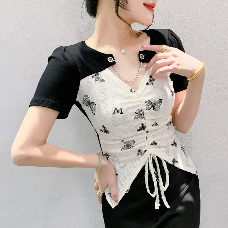 # 7195 Необычная футболка женская короткая с принтом бабочки сексуальная вечерняя