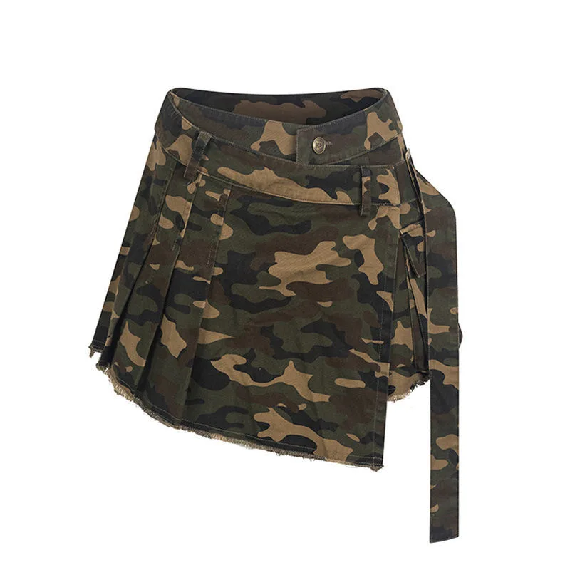 

Korean Style Camouflage Printing Women Irregular Fake Two Jeans Skirts Denim Short Bottoms Feminino S-XXL