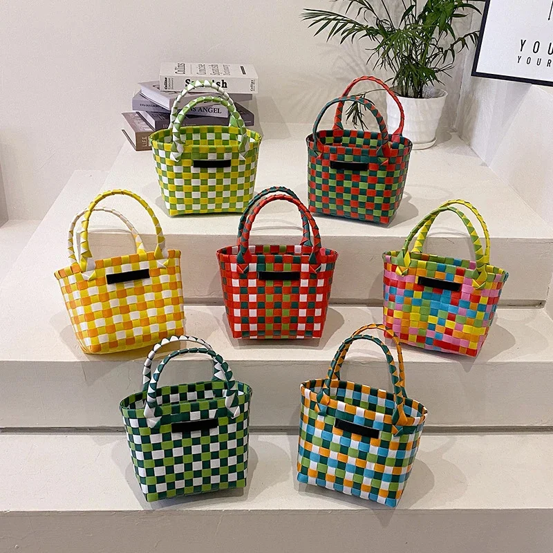 

Women New Colorful Handwoven Bag 2023 Ladies Fashion Casual Vegetable Basket Hand Basket Bag Mini Shopping Handbag For Females