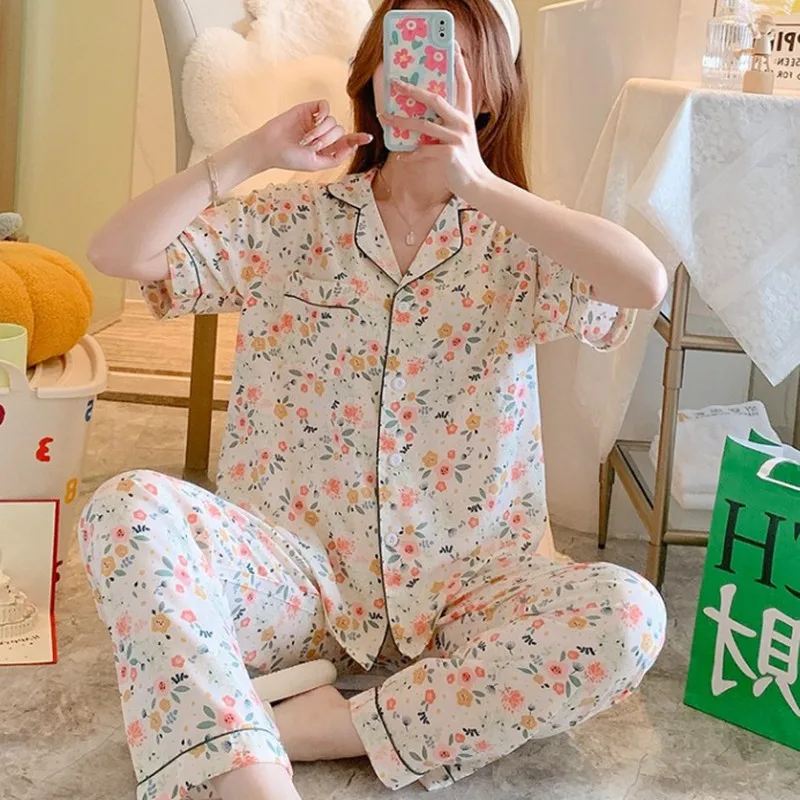 Ladies Pajamas Spring Autumn Long Sleeves Cotton Silk Short Sleeve Trousers Women Lounge Pajamas Set