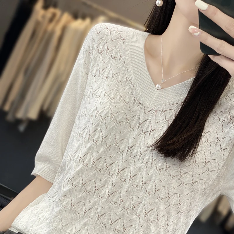 

Knitted short sleeved women's new summer mid sleeved top with hollowed out V-neck Western slim fit