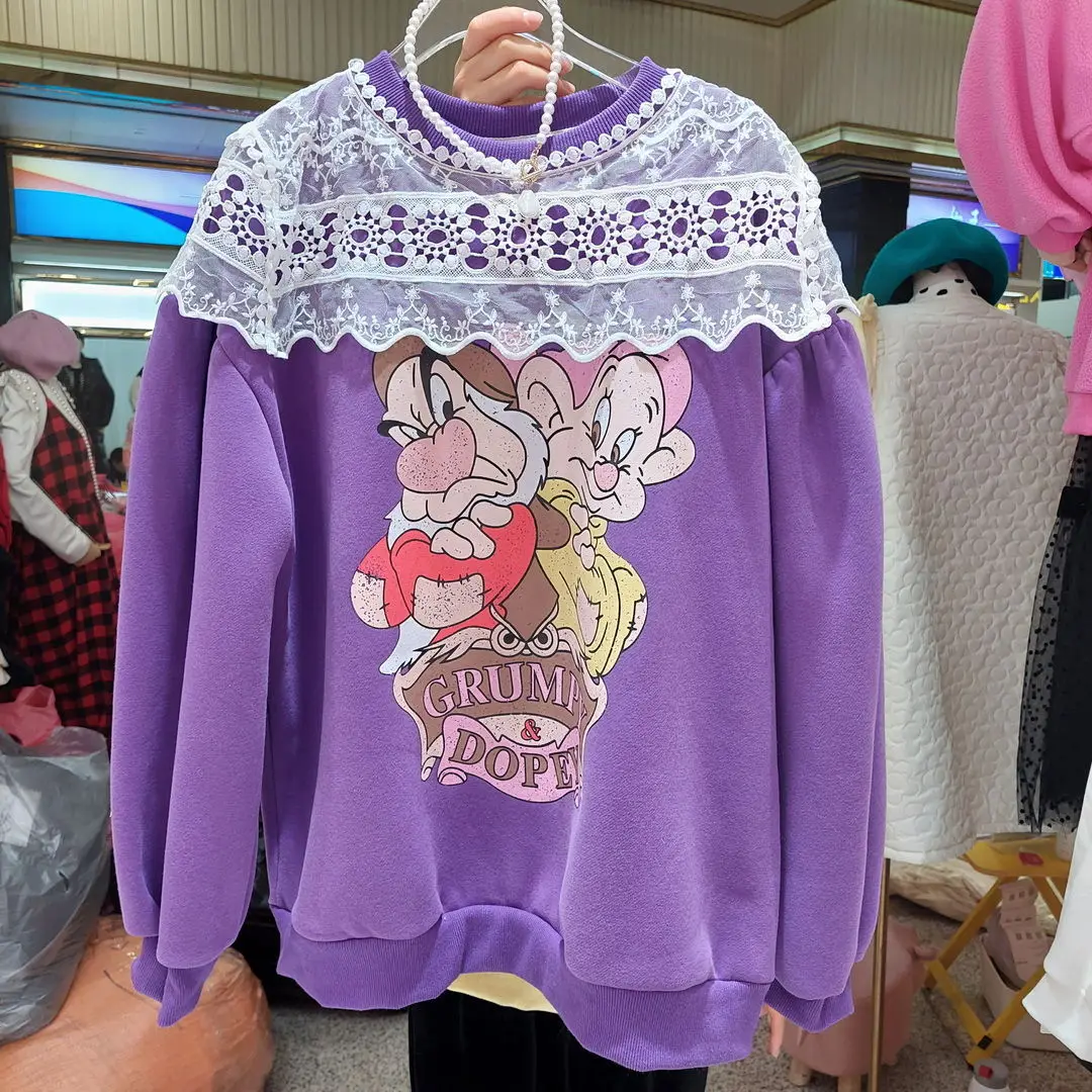 

Vintage Design Lace Cute Cartoon Print Sweatshirt Women O-neck Long Sleeve Tops New Spring Winter Pullover Kawaii Purple Clothes